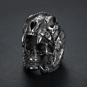 Gothic punk 316L stainless steel skull ring with vintage silver oxidized finish for men