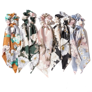 Set of 5 floral satin scrunchies with long ribbons in assorted colors for hair