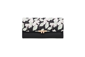 Close-up of black PU leather long wallet featuring floral print and golden metal clasp