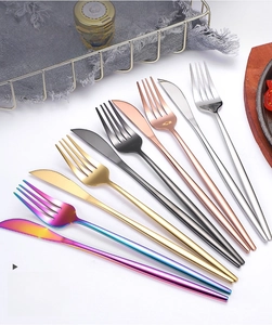 Detailed view of Portuguese style stainless steel cutlery set in five elegant colors