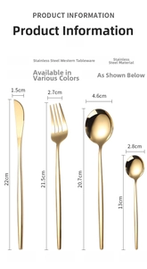Size specifications for gold stainless steel cutlery set including knife fork and spoons