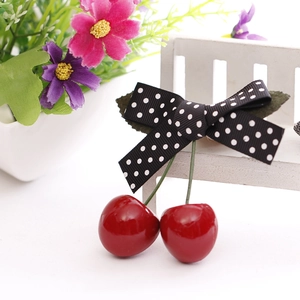 Sweet cherry hair clip with black polka dot bow and green leaves for cosplay girls