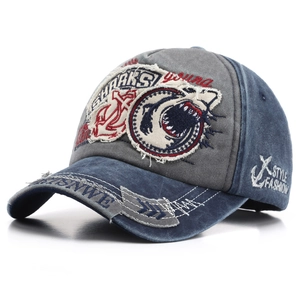 Vintage washed baseball cap with shark embroidery patch in distressed grey and blue