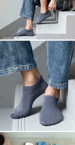 Close-up of breathable grey-blue cotton low-cut invisible socks for men on model
