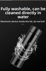 Waterproof smart vacuum flask showing full body washability with dynamic water splashes