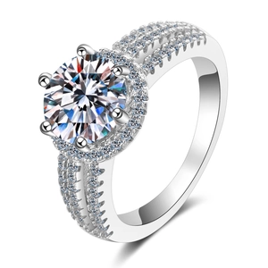 Luxury S925 sterling silver 2 carat moissanite ring with halo and triple pavé band