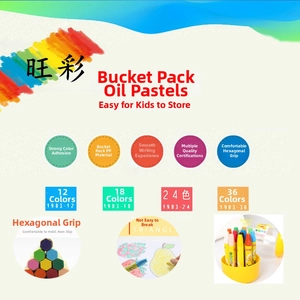 Detail view of 12 to 36 color oil pastels in PP storage buckets with hexagonal barrels
