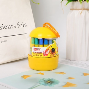 Close-up of 24-color silky oil pastel set in yellow portable tub with handle