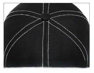 Detail of baseball cap crown with six-panel structure and white contrast stitching