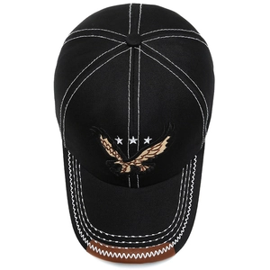 Men's black baseball cap with eagle embroidery and brown leather brim accent
