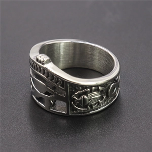 Vintage stainless steel Horus Eye and Ankh cross ring with Egyptian scarab relief