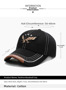Detail of embroidered eagle patch and stitching on black cotton baseball cap for men