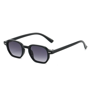 Modern black polygon sunglasses with purple gradient lenses and silver metal temple accents