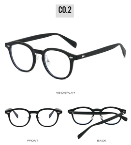 Three-view display of black TR90 round retro glasses frames with metal rivet details