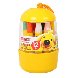 12-color silky oil pastels set in a portable yellow cylinder case with a cute cartoon dog