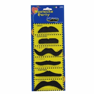 6-piece self adhesive fake mustache party set with various black novelty facial hair styles