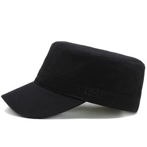 Classic black cotton military flat top cap with 1941 star embroidery for outdoor sun protection