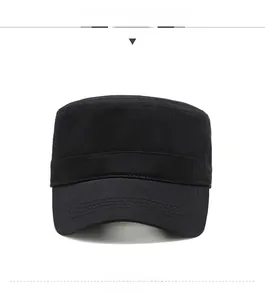 Close-up of black cotton military flat top cap featuring reinforced stitching on the brim