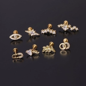 8-piece set of 16G gold stainless steel labret studs with micro-inset cubic zirconia