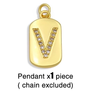 Close-up of gold-plated rectangular pendant with micro-paved CZ initial V detail