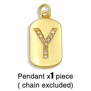 Detail of gold rectangular pendant featuring a crystal-encrusted letter Y for necklaces