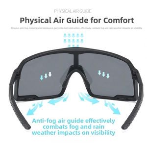 Detail of sports sunglasses with aerodynamic vents showing anti-fog airflow system