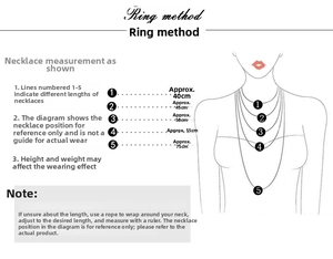 Size guide showing different necklace lengths on a model from 40cm to 75cm for reference