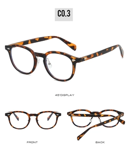 Three views of retro leopard print TR90 glasses showing front, back, and 45-degree angle
