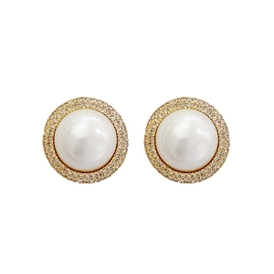 Elegant gold-plated stud earrings featuring large white pearls with a sparkling halo