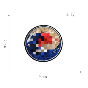 Detailed view of 9x9cm circular wave embroidery patch with dimensions and weight info