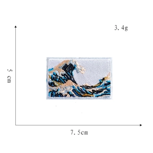 Detailed embroidery of Great Wave patch showing 5x7.5cm dimensions and 3.4g weight