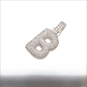 Detail of hip hop letter B pendant in rhodium brass with cubic zirconia pave setting