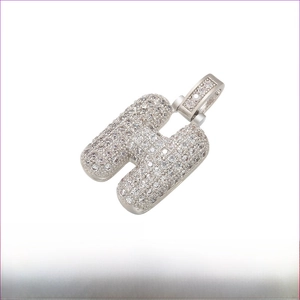 Detailed view of silver rhodium plated brass letter H pendant with CZ stones, 20x29mm size