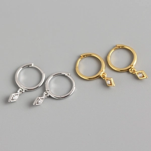 925 Sterling Silver Rhombus Hoop Earrings Cubic Zirconia Diamond Shape Dangle Huggies Minimalist Geometric Jewelry For Women