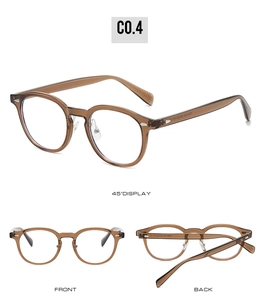 Detail view of brown translucent TR90 round frame glasses with silver metal rivets