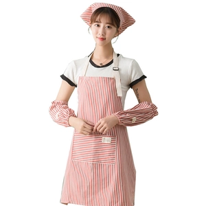 Three-piece red and white striped cotton linen kitchen apron set with sleeves and headscarf