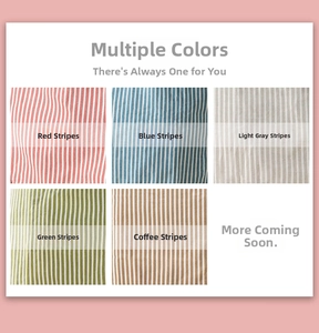 Detailed swatches of striped cotton linen apron fabrics in red, blue, grey, green, and brown