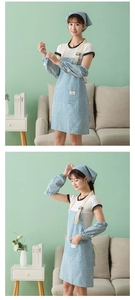 Three-piece kitchen apron set in blue and white stripes with headscarf and oversleeves