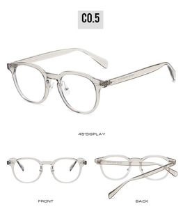 Detailed three-view shots of transparent grey TR90 retro glasses frames size 48-22-143