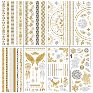 Metallic Temporary Tattoos Gold Silver Waterproof Fake Tattoo Stickers Geometric Feather Mandala Bohemian Style For Women Party Festival
