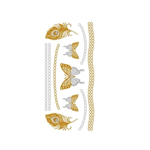 Golden and silver butterfly feather water transfer metallic temporary tattoos on white background