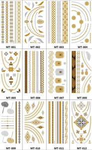 Detailed grid view of 12 metallic gold and silver bohemian waterproof tattoo designs