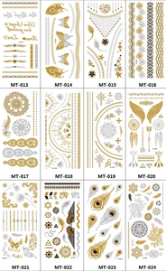 Grid view of metallic gold and silver temporary tattoos with feathers and mandala designs