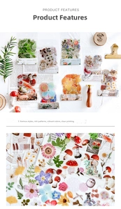 Detail of PET stickers featuring flowers, mushrooms and lace for DIY scrapbooking decor