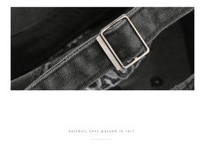 Detail of adjustable metal buckle and washed cotton texture on dark grey baseball cap