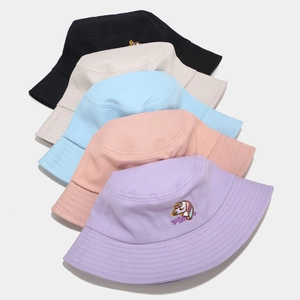Unicorn embroidered cotton bucket hats for women in black beige blue pink and purple