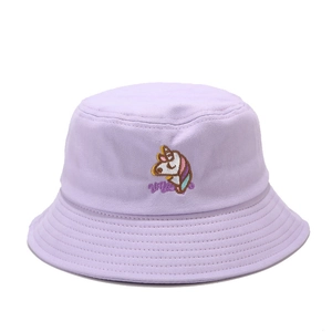 Cute light purple bucket hat with unicorn embroidery and alphabet patterns for women
