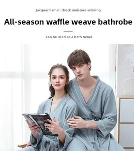 Detail of waffle-weave texture on absorbent quick-dry bathrobe for men and women