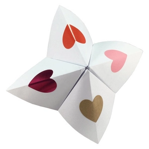 Three-dimensional paper heart origami toy with colorful red and gold heart icons
