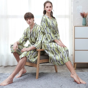Couple Satin Bathrobe Faux Satin Nightgown Digital Print Belted V Neck Loungewear Summer Sleepwear For Men And Women Elegant
